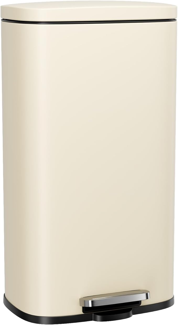 Arlopu 8/13.2 Gallon Step Trash Can, Stainless Steel Garbage Bin, Soft-Close Rubbish Bin with Removable Plastic Inner Bucket, Fingerprint-Proof, Lid Dustbin, Suit for Kitchen (Beige, 50L)