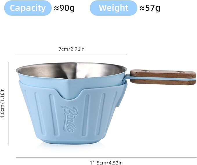 Espresso Shot Cup with Dual Spout - Espresso Measuring Cup with Wood Handle and Anti-Scald Cover, Stainless Steel Espresso Pouring Cup for Home & Cafe Use, 90ML/3oz