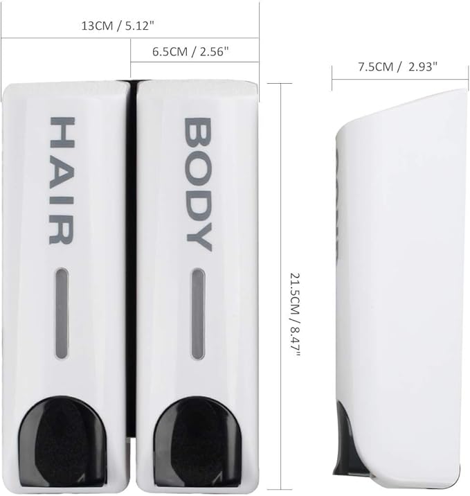 Wall Mounted Shower Soap Dispenser 2 Chamber No Drill Shampoo Dispenser for Shower, Refillable Shampoo Bottles, Wall Shampoo and Body Wash Dispenser for Bathroom Hotel 2 * 350ml White