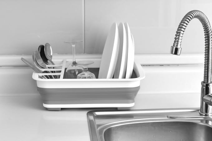 Collapsible Dish Drying Rack, Foldable Dinnerware Drainer Organizer | Space-saving plastic kitchen storage organizer. Compact folding dish drainboard perfect for RVs, camping & small countertops.