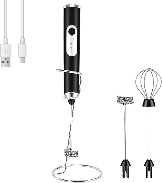 BEoffer Milk Frother Handheld + Stand Rechargeable 2000mAH Power Frother Wand Electric Foam Maker with 2 Stainless Whisks 3 Speeds Drink Mixer Coffee Frother for Latte, Cappuccino Matcha Hot Chocolate