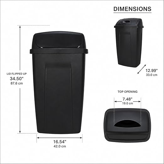 SKYREN 13 Gallon Kitchen Trash Can with Swing Top Lid, Plastic Garbage Bin for Home, Office, Laundry Room, Pantry or Dorm, Black
