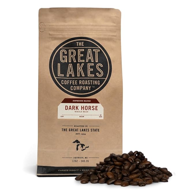 Great Lakes Dark Roast Whole Bean Coffee, Dark Horse Espresso Blend, Farmer Direct Sourced from Brazil, Ethiopia, and Guatemala, 12 Ounces