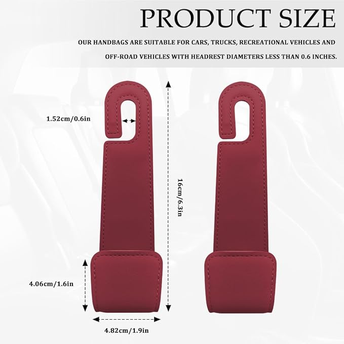 2PCS Purse Holder for Car, Purse Hook for Car, Leather Headrest Hooks for Automotive Back Seat, Auto Accessories Back Seat Organizer Hook for Grocery Bag Handbag Coat (Red, 2PCS)