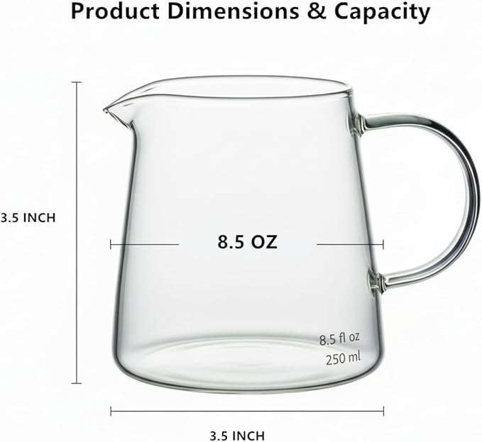 Glass Creamer 8.5 oz, Small Milk Pitcher with Spout, Breast Milk Pitcher for Coffee Bar and Tea, Mini Cream Server, Clear Borosilicate Container