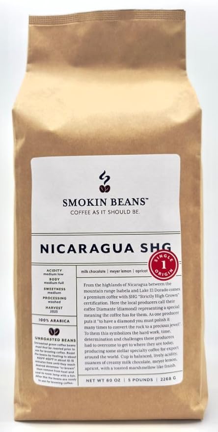 5-pound Nicaragua (Unroasted Green Coffee Beans) premium Arabica beans grown Central America fresh current-crop beans for home coffee roasters, specialty-grade coffee beans, includes a free burlap bag