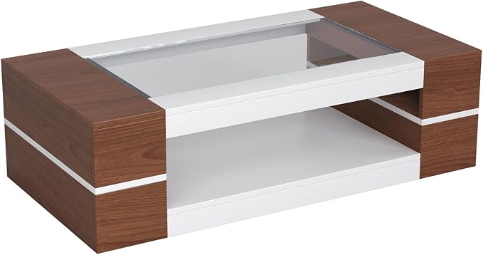 HedoAjim 47.2" Modern Stylish Coffee Table with Glass Table Top, Large Living Room Table Rectangular 2-Tier Center Tables with Storage, Wood Cocktail Tea Tables for Dining Reception Room White Walnut