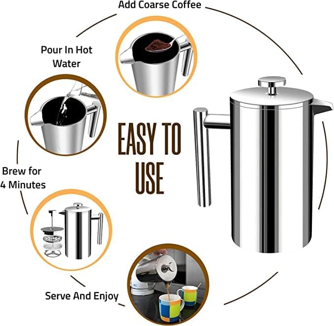 Utopia Kitchen 304 Grade Stainless Steel French Press Coffee Maker 50 Oz, Double Wall Insulated Coffee Press with 4-Level Filtration system, Include 2 Extra Filters, Rust-Free, Dishwasher Safe, Silver