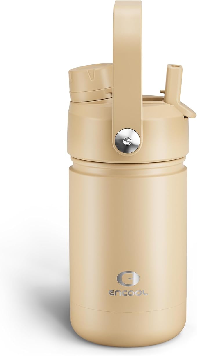 Kids Insulated Water Bottle with Straw - 12oz Stainless Steel Water Bottle with Dual Spouts, Leak-Proof, BPA-Free, Double Wall Vacuum Keeps Cold for 24 Hours for Sports, Travel, School (Indian Khaki)