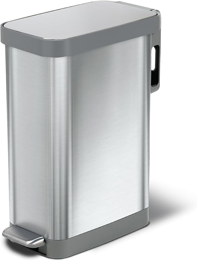 Glad Slim Trash Can with Clorox Odor Protection - Narrow Kitchen Garbage Bin with Soft Close Lid, Step On Foot Pedal and Waste Bag Roll Holder, All Stainless, 12 Gallon/45 Liter