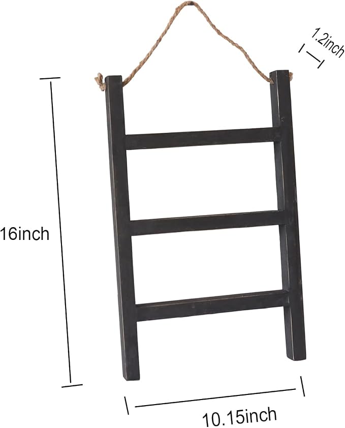 Joy Choice Farmhouse Style 16" Wood Blanket Ladder - 3-Tier Wall Hanging Rack for Living Room, Kitchen, Bathroom (Black)