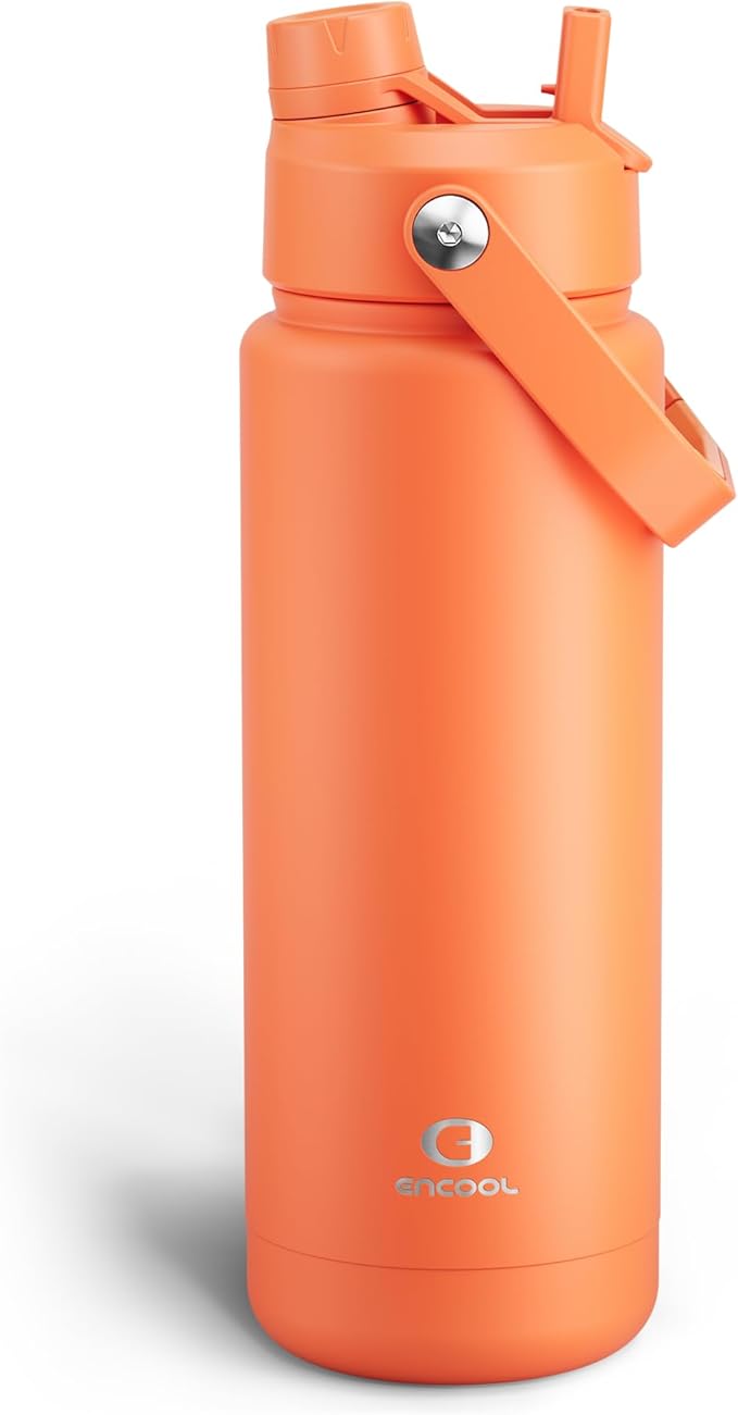 ENCOOL Insulated Water Bottle with Straw Stainless Steel Water Bottle, Leak-Proof, BPA-Free, Double Wall Vacuum Keeps Cold for 24 Hours for Sports, Travel, School (32 oz, Moderate Orange)