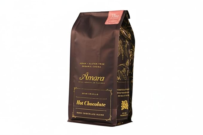 Amara Unique Venezuelan Flavors. Hot Chocolate "Gran Criollo" Dark Chocolate Blend Refill Bag 32 oz. Made with Certified Organic Cacao Powder.