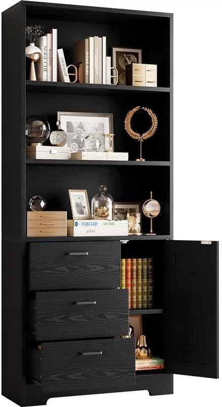 IRONCK Bookshelf with Doors and 3 Drawers 71 in Tall Bookcase with 3-Tier Shelves, Industrial Book Shelf with Storage for Living Room Entrance Hallway Home Office, Black