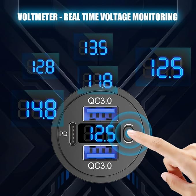 12V USB C Outlet Marine USB Charging Port for Car, Dual Quick Charge 3.0 & PD 3.0 Car Charger Socket with Button Switch and Voltmeter, Cigarette Lighter Replacement DIY Kit for 12V/24V Vehicles