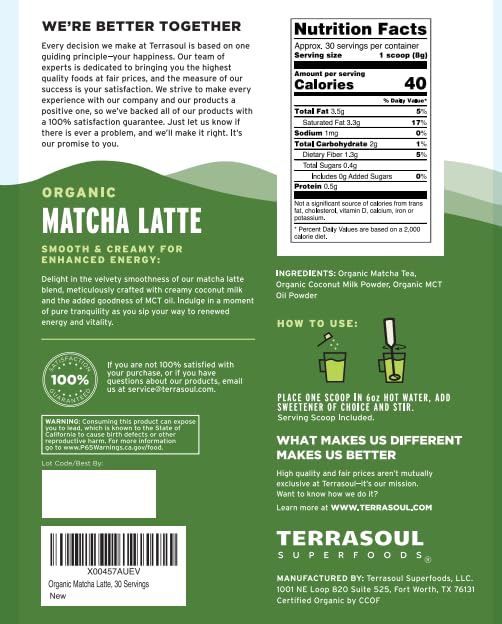 Terrasoul Superfoods Organic Matcha Latte – Premium Grade, Vegan & Dairy-Free - 8.47oz
