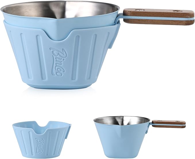 Espresso Shot Cup with Dual Spout - Espresso Measuring Cup with Wood Handle and Anti-Scald Cover, Stainless Steel Espresso Pouring Cup for Home & Cafe Use, 90ML/3oz