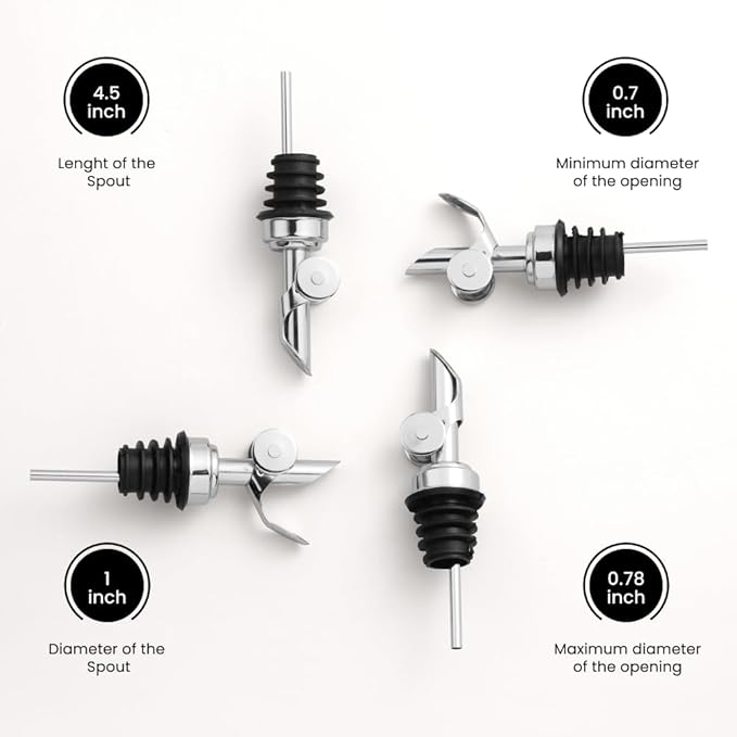 Molimoli Liquor Pour Spout Made of Stainless Steel with Automatic Anti-Oxidation Mechanism, Bottle Pourers for Alcohol, Olive Oil Dispenser Spout, Wine Pourer Spout, Oil Bottle Spout, Silver 4-Pack