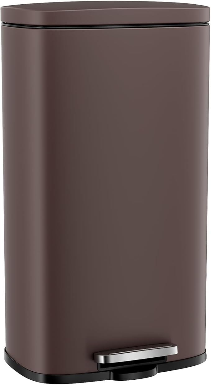 Arlopu 8 Gallon Step Trash Can, Stainless Steel Garbage Bin, Soft-Close Rubbish Bin with Removable Plastic Inner Bucket, Fingerprint-Proof, Lid Dustbin, Suit for Kitchen Home (Brown, 30L)