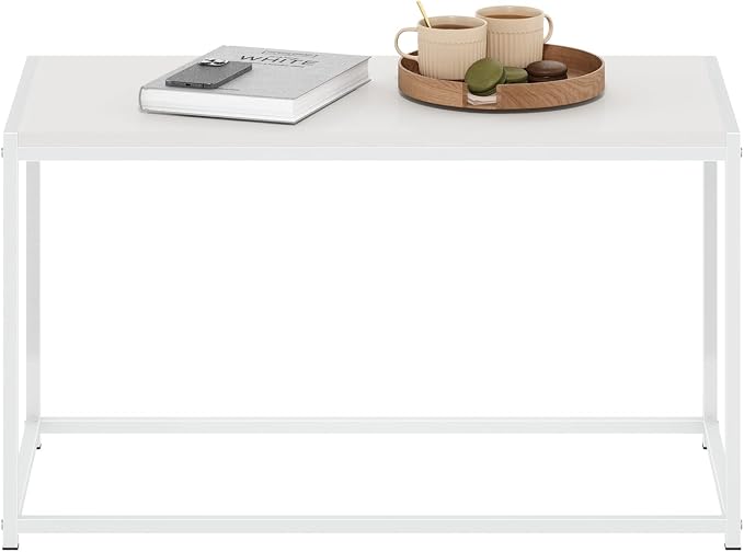 Furinno CAMNUS Coffee Table, Metal Frame Modern Center Table, Rectangular Side Table, Toolless Assembly, for Living Room, Bedroom, Home Office, Solid White