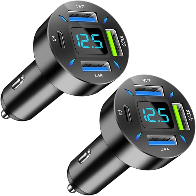 4 Ports USB Car Charger, 66W Super Fast Charging with QC 3.0, PD 20W and USB 2.4A Charger Adapter, Quick Charge with LED Voltmeter, Auto Cigarette Lighter Plug (PD20W+QC3.0+2.4A, 2PCS)