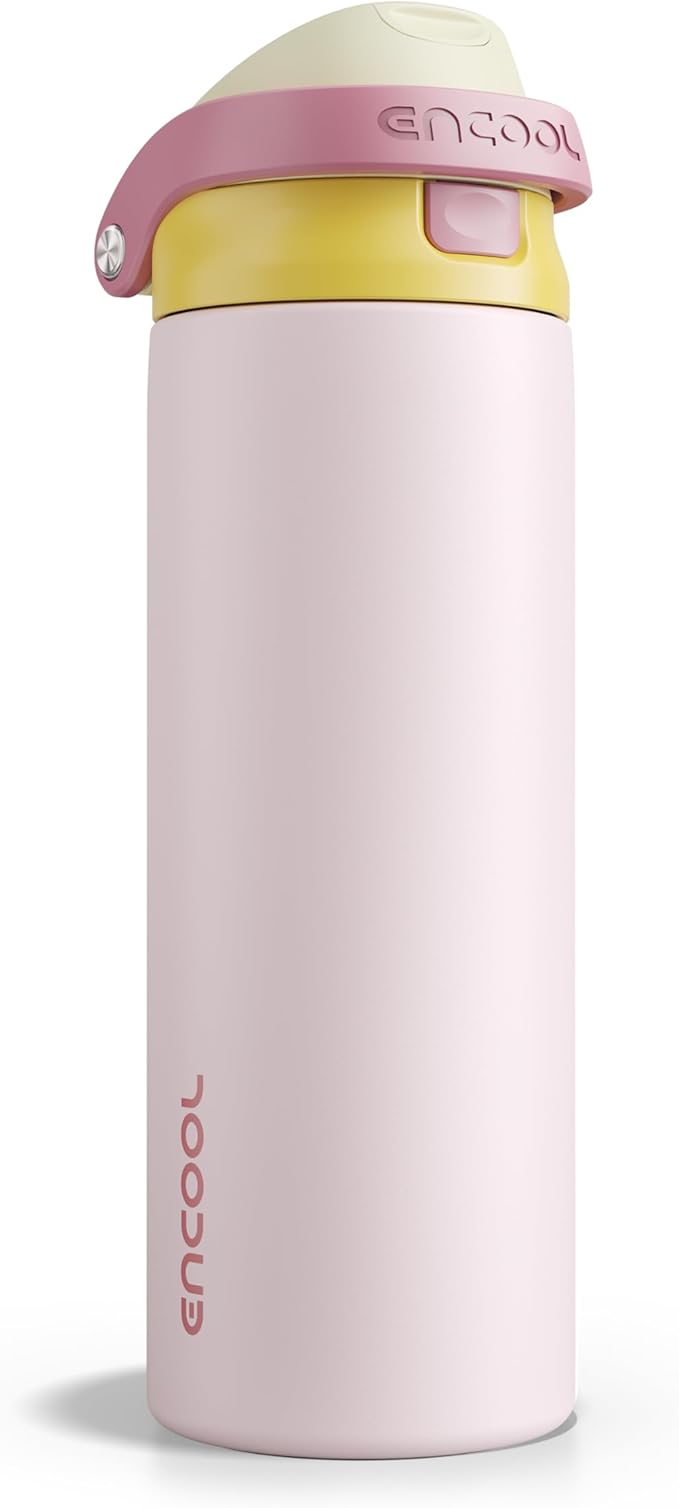 ENCOOL Leakproof Insulated Water Bottle with Straw Dual-Sip Water Bottle Bag-Safe Design for Work, Commute & Gym – Keeps Drinks Cold All Day, 24 oz, Blush Pink