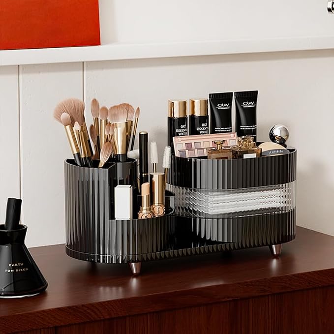 Rotating Vanity Organizer with Brush Holder and Drawer, 3 Layer Cosmetic Skincare Storage, Large Countertop Makeup Perfume & Lotions Display Case (Black)