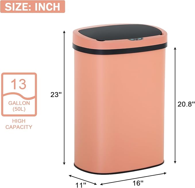 13 Gallon Stainless Steel Trash Can Automatic Trash Can Garbage Can Bathroom Garbage Can with Lid for Kitchen Living Room Office Bathroom, Electronic Motion Sensor Automatic, Pink