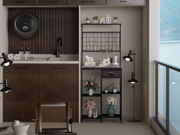 Aduanbang Farmhouse Coffee Bar Cabinet with Storage Drawer, Extended Worktop Corner Station, Home Bar Table for Living Room, Entryway (Black)