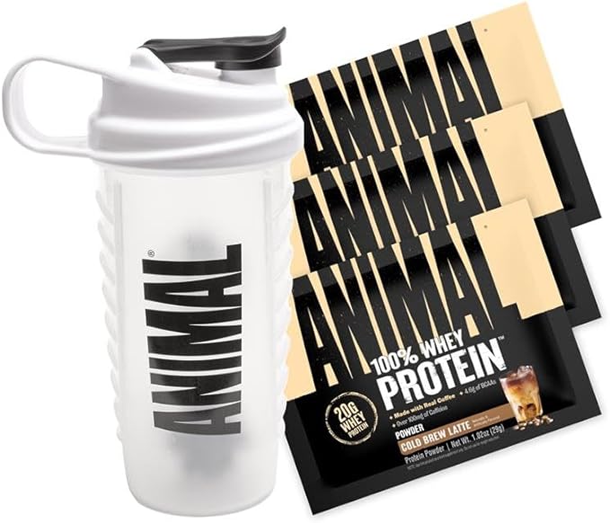 Animal 100% Whey Protein Powder Samples & 25oz BPA Free Shaker Bottle – Real Instant Iced Coffee Whey + 20g of Protein, 120mg of Caffeine Meal Replacement with BCAA – Cold Brew Latte, 3 Single Packets