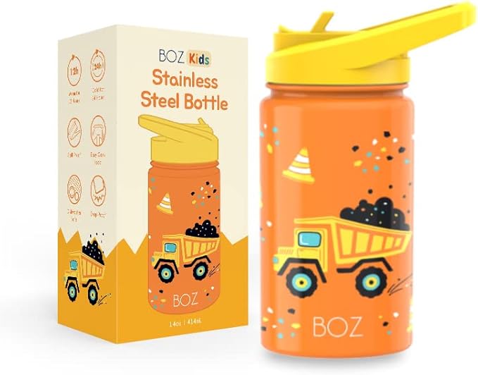 BOZ Kids Insulated Water Bottle with Straw Lid, Stainless Steel Vacuum Double Wall Water Cup, 14 oz (414ml). Scratch-resistant Cute Print and Carry Handle, BPA-free and Dishwasher-safe (Construction)