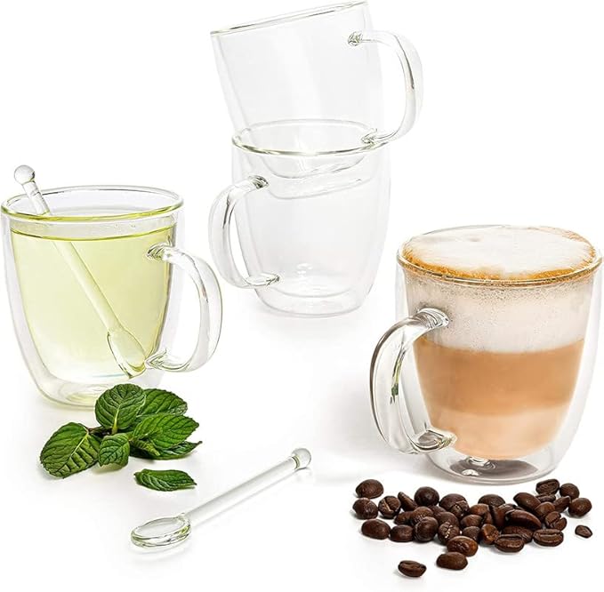 Moss & Stone Set of 4 Double Wall Glass Cup Clear Mug, Double Walled Coffee Mugs 7.4 Oz, Glass Tea Mugs, Insulated Coffee Mug With Handle & 2 Glass Spoons, Cappuccino Cups Set