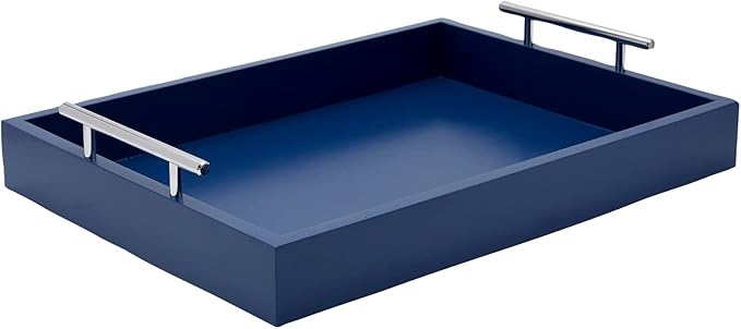 Juvale Coffee Table Tray - 15.7 x 11.8 x 3 in, Blue, Rustic Wood - Serving Tray with Interchangeable Gold & Silver Handles for Coffee Table Decor & Ottoman Use with 2 Coasters