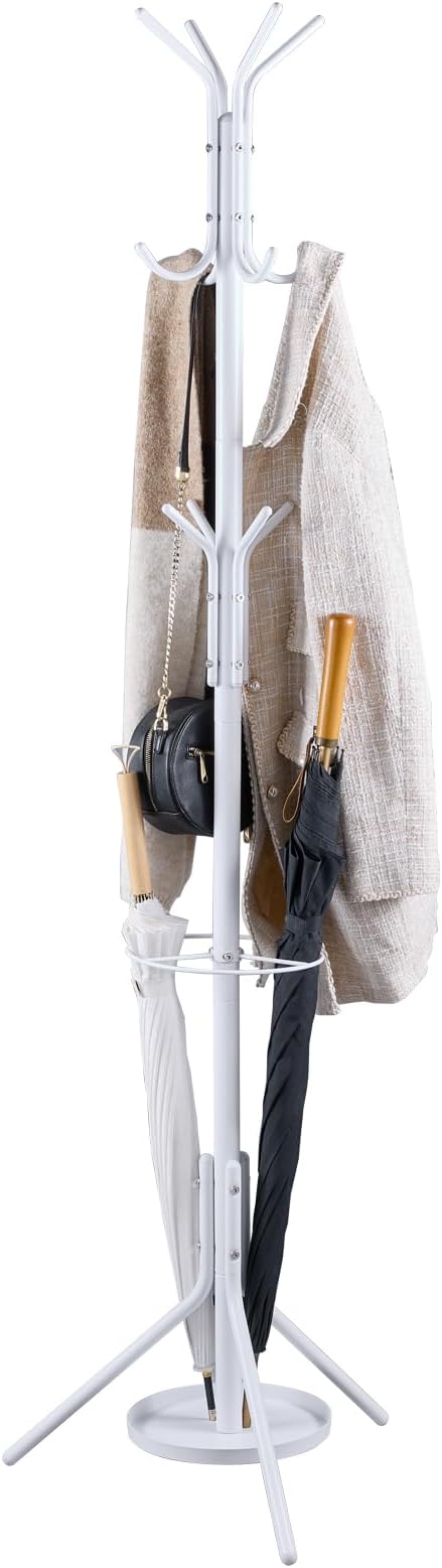 Kitsanery Coat Rack Freestanding,Metal Coat Tree with Umbrella Holder,Hat and Coat Rack Stand for Entryway, Hallway, Living Room, Bedroom (White)