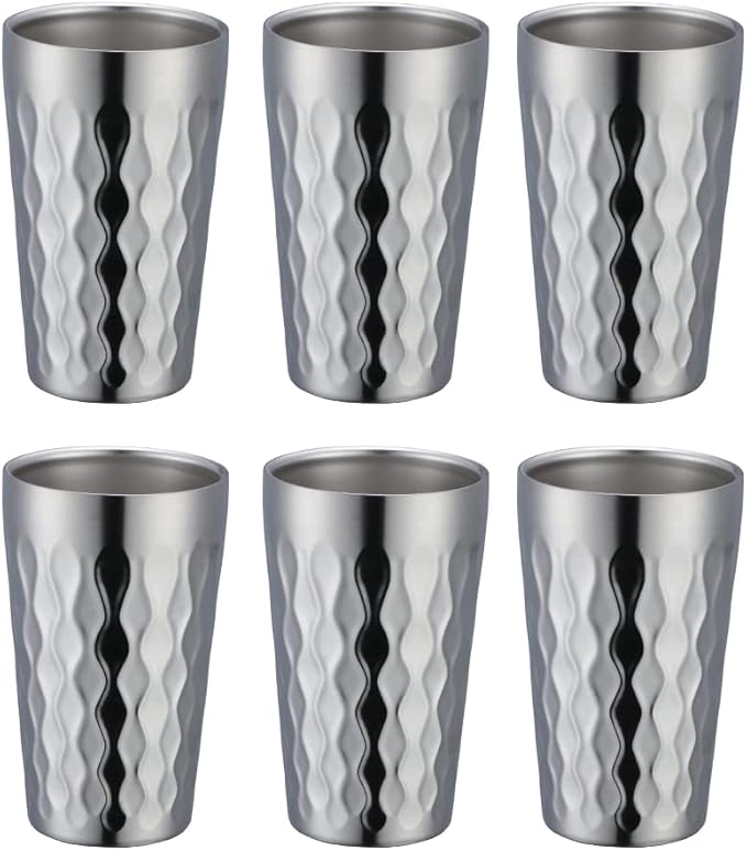 QRU Stainless Steel Cup Set of 6, Double Wall Textured Stainless Steel Mug, 10oz Ideal for Office, Car, Party (6, Silver)