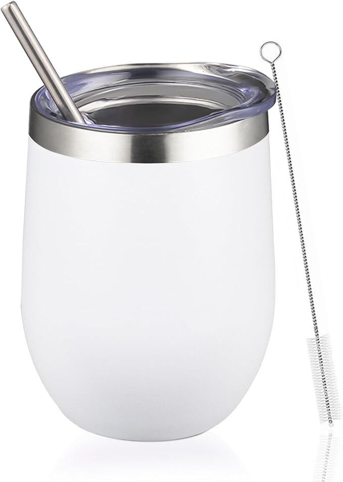 12oz Wine Tumbler with lid, Stainless Steel Travel Mugs Stemless Double Wall Insulated Coffee Cup, Insulated Wine Glasses Travel Tumbler for Cold & Hot Drinks(White, 1)