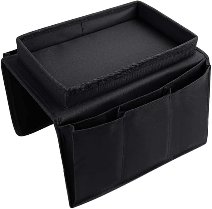 Sofa Armrest Organizer with Cup Holder No-Slip Couch Sofa Armrest Organiser Couch Remote Caddy Control Holder with 1 Large Pockets and 3 Small Pockets for TV Remotes Cellphone Magazines Drinks (Black)