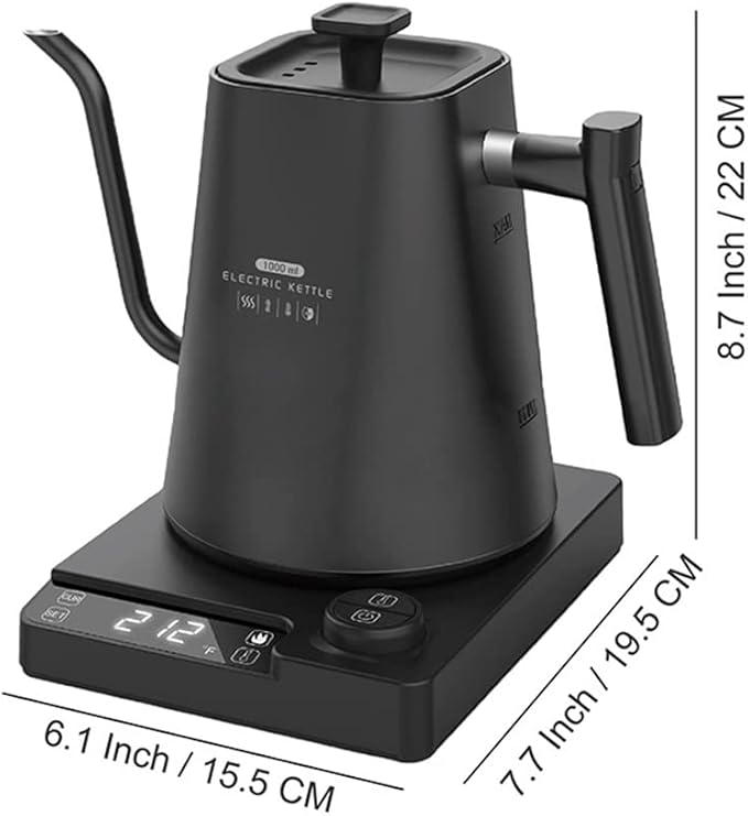 Smart Electric Kettle 1000ML Gooseneck Kettle With Temperature Control and 24H Keep Warm, 304 Stainless Steel Hot Water Kettle For White Tea, Coffee, Boiling Water (Black)