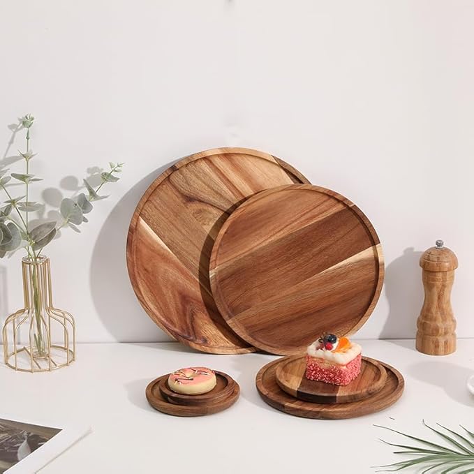 Round Wood Tray, Acacia Wooden Decorative Serving Tray for Coffee Table and Home Decor, Wooden Appetizer Charcuterie Board for Kitchen Countertop (13.8 inch)