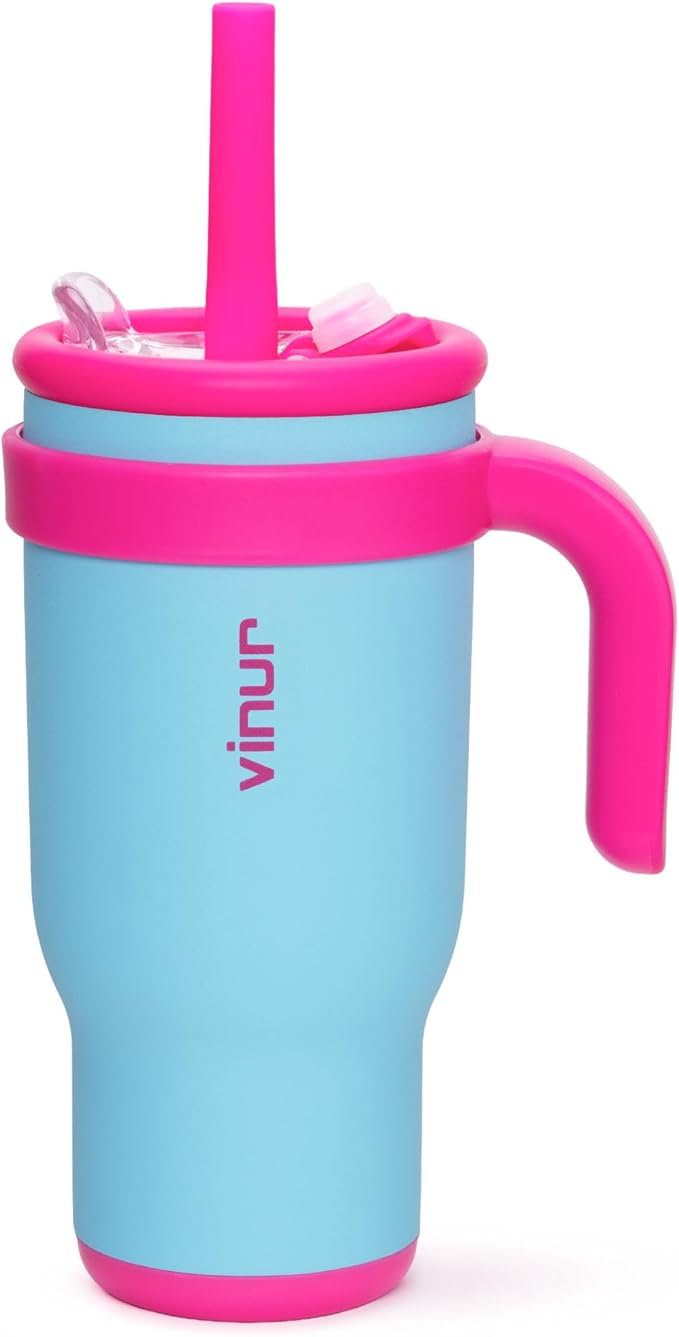 VINUR 17 oz Kids Tumbler with Handle and Straw Lid | 18/8 Stainless Steel Insulated Tumbler Travel Water Mug | Leak Resistant| Cup Holder Friendly, Sky Blue