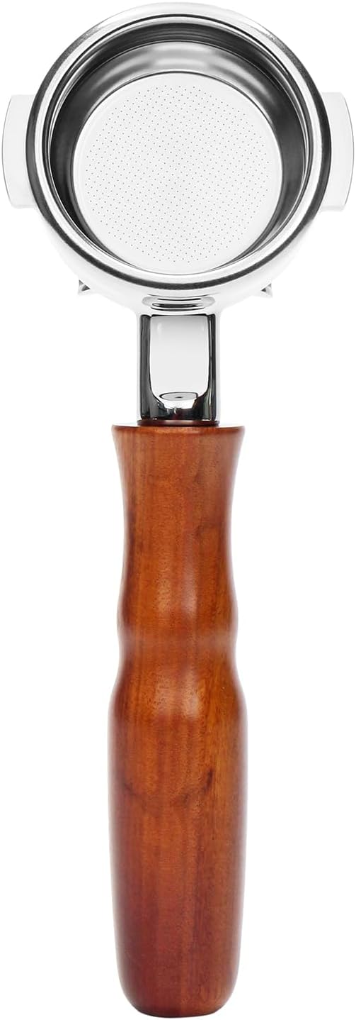 DIBTSA 58mm Espresso Portafilter Compatible with La Marzocco,Double Spouts 2 Ears, Stainless Steel Head and Filter Basket and Wood Handle