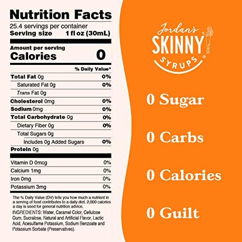 Jordan's Skinny Syrups Sugar Free Coffee Syrup, Caramel Flavor Drink Mix, Zero Calorie Flavoring for Chai Latte, Protein Shake, Food & More, Gluten Free, Keto Friendly, 25.4 Fl Oz, 1 Pack