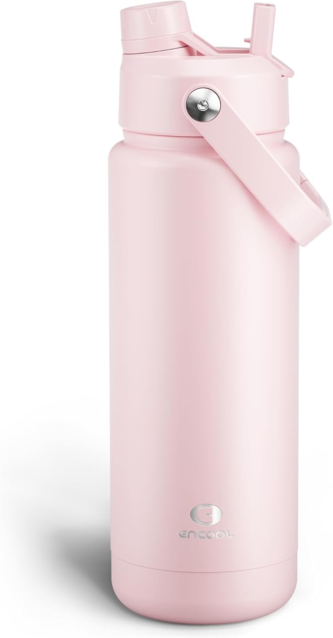 ENCOOL Insulated Water Bottle with Straw Stainless Steel Water Bottle, Leak-Proof, BPA-Free, Double Wall Vacuum Keeps Cold for 24 Hours for Sports, Travel, School (32 oz, Cotton Candy)