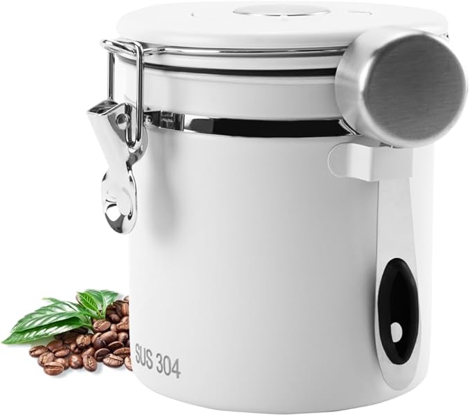 Coffee Canister with Airtight Lids, DSIOHFEI 18oz Stainless Steel Kitchen Food Storage Container for Coffee Beans, Grounds, Sugar, Flour, Tea, with Scoop and Date Tracker, Coffee Bar Decor Accessories