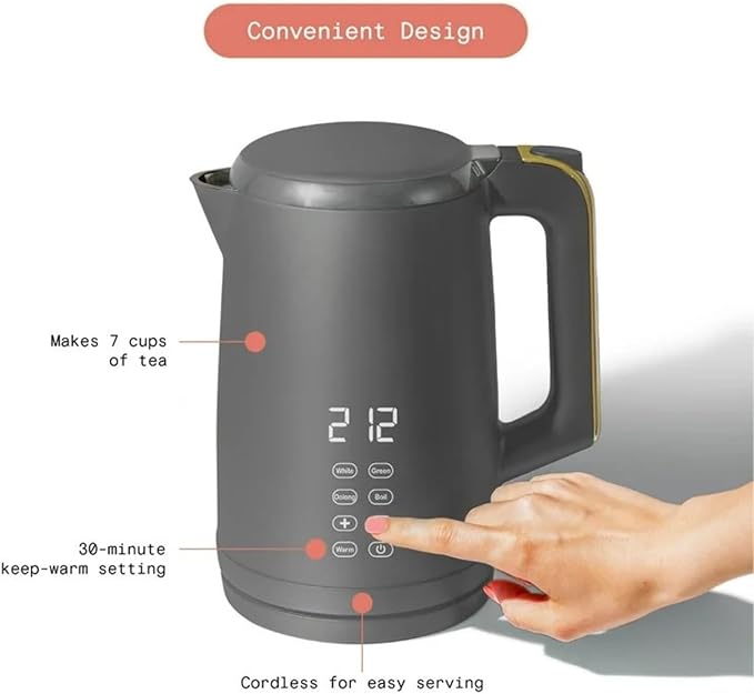 Electric Gooseneck Kettle 1 Liter 1200W, Stainless Steel, Pour Over Coffee Tea, Auto Shut-Off, 360° Cordless Power Base (Oyster Grey 1.7L)