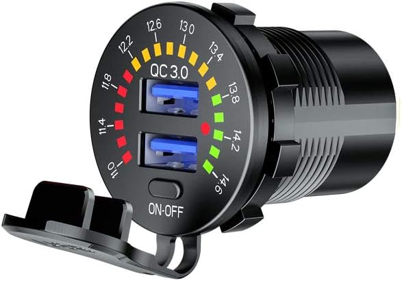Quick Charge 3.0 Dual USB Car Charger Socket, 12V USB Outlet Fast Charge with LED Voltmeter & Switch