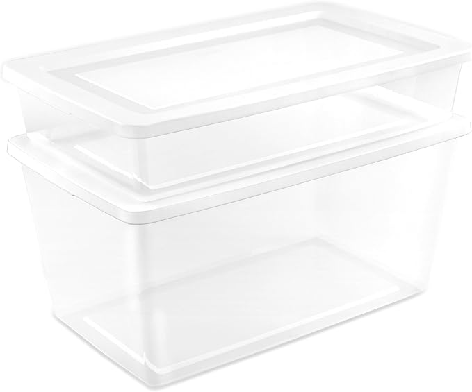 Sterilite 18 Pack Storage Box, 41 Quart Stackable Tote, Clear Plastic Container with Secure Snapping Lids for Home and Office Organization, White