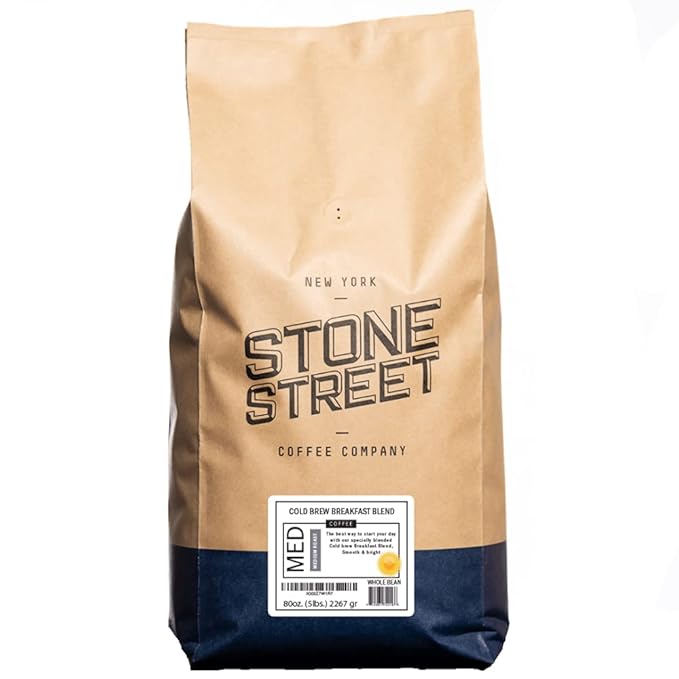 Stone Street Cold Brew Coffee, Low Acid, 100% Arabica, Gourmet Coffee - Breakfast Blend, Medium Roast, Whole Bean, 5 LB