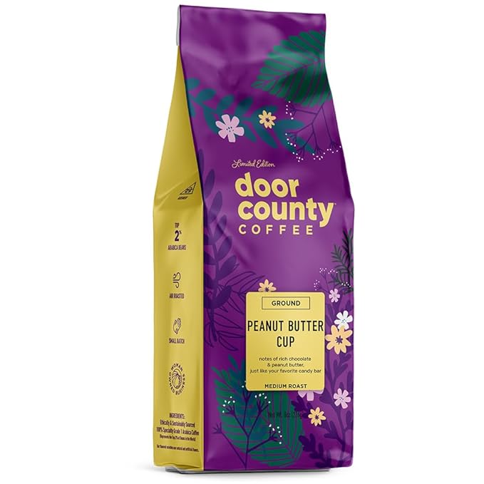 Door County Coffee Peanut Butter Cup Flavored Coffee Ground - 8 oz Bag - Spring & Summer Seasonal - Medium Roast - 100% Specialty Arabica - Peanut Butter & Chocolate