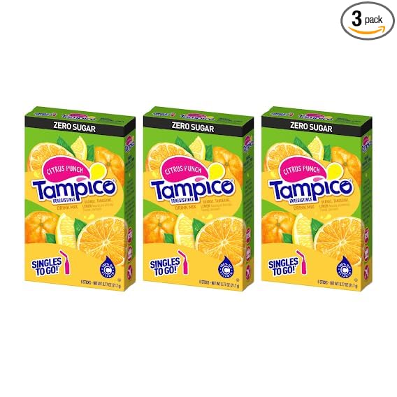 SINGLES TO GO! Tampico Drink Mix Packets, Citrus Punch, Zero Sugar, Low Calorie, 100% DV of Vitamin C per Serving, Convenient, On-The-Go Water Enhancers, 6 Count (Pack of 3)